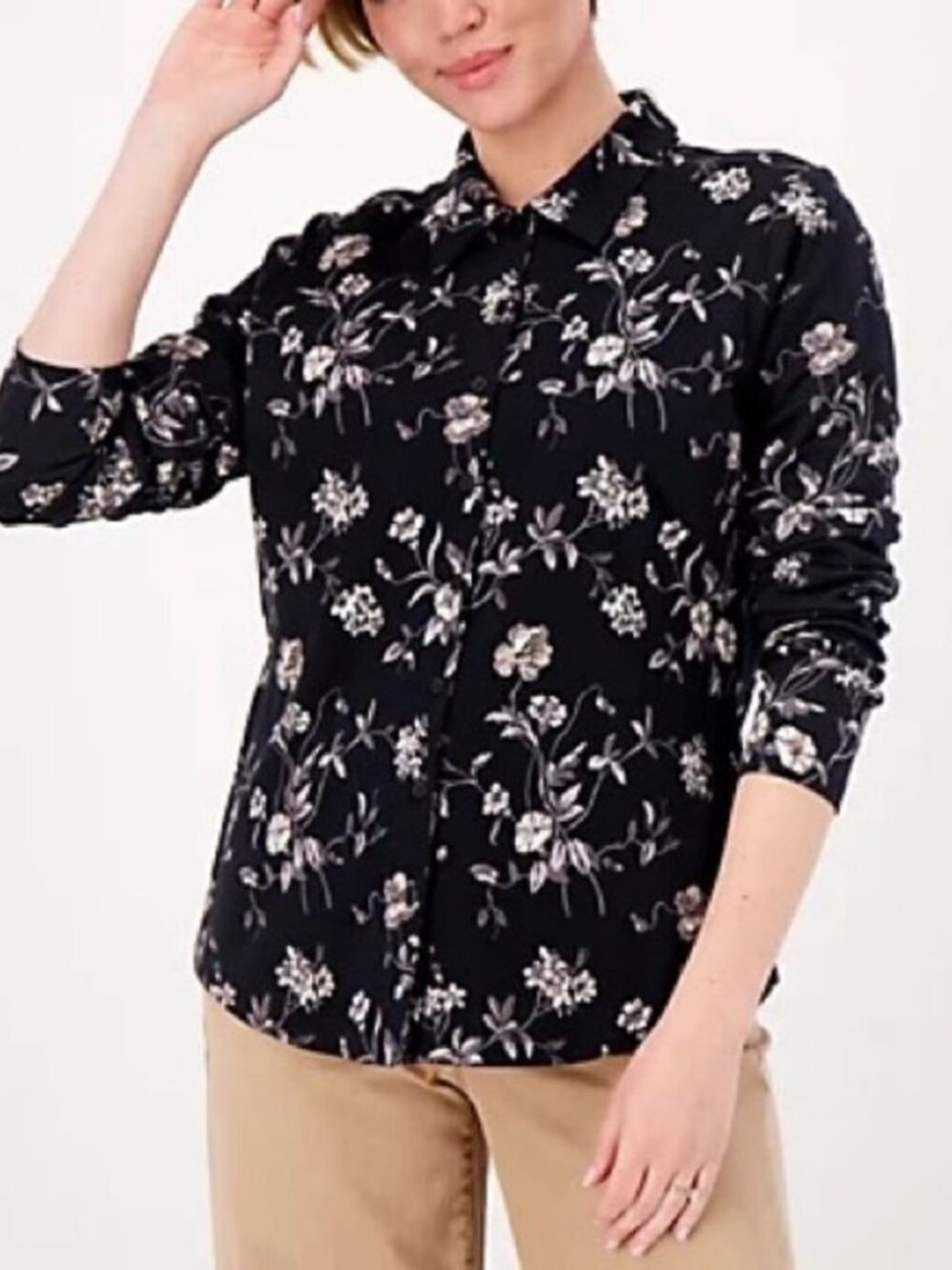 Isaac Mizrahi Live! Printed Pima Cotton Button Front Collared Shirt